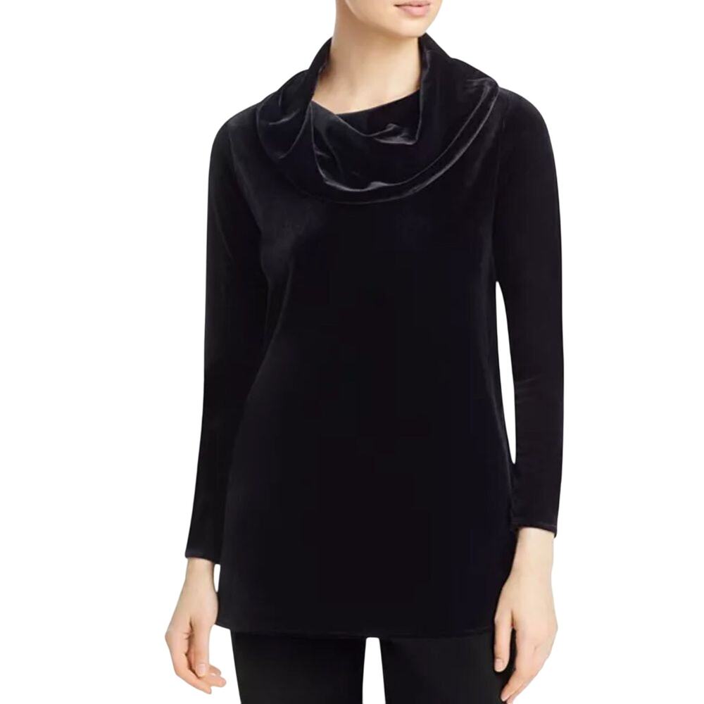 Caroline Rose $210 Stretch Velvet Knit Cowl Neck Long Sleeve Tunic Black Size M